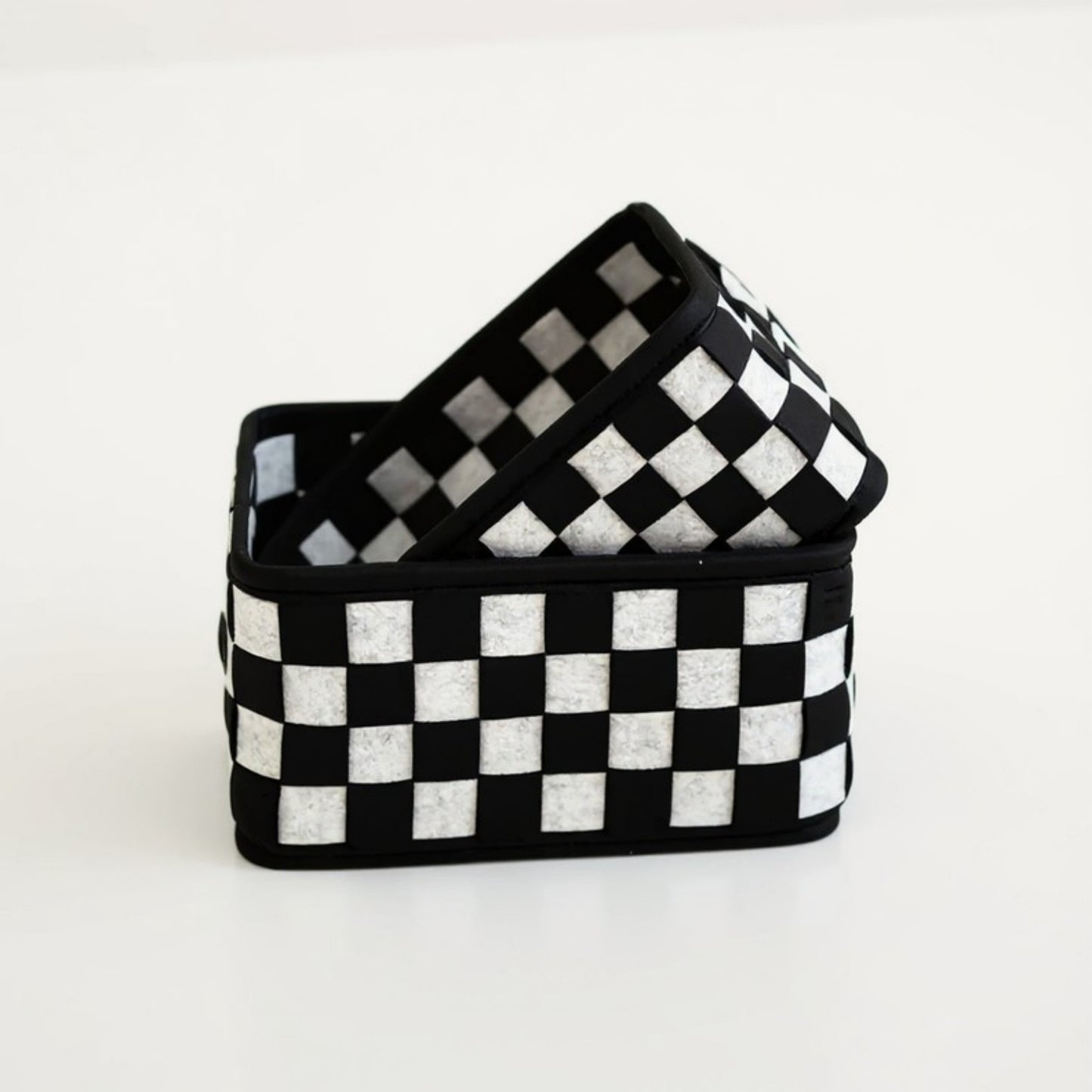 3-Piece Checkerboard Storage Basket Set with Soft Fabric and Modern Geometric Design