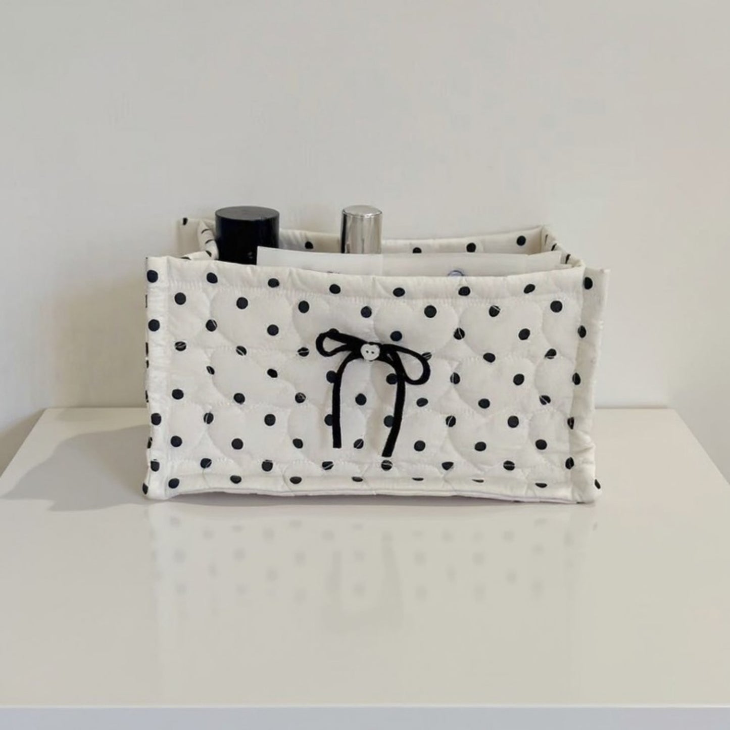 Quilted Polka Dot Storage Basket with Bow Accent and Soft Fabric Design