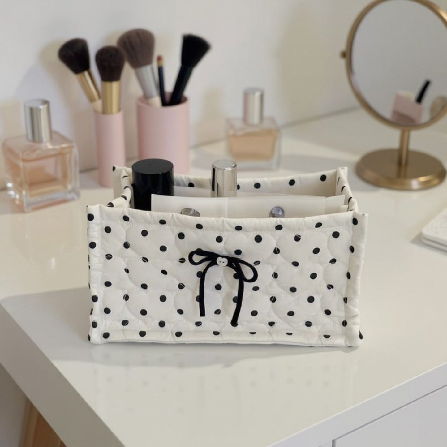 Quilted Polka Dot Storage Basket with Bow Accent and Soft Fabric Design