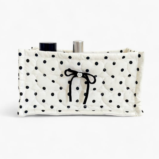 Quilted Polka Dot Storage Basket with Bow Accent and Soft Fabric Design