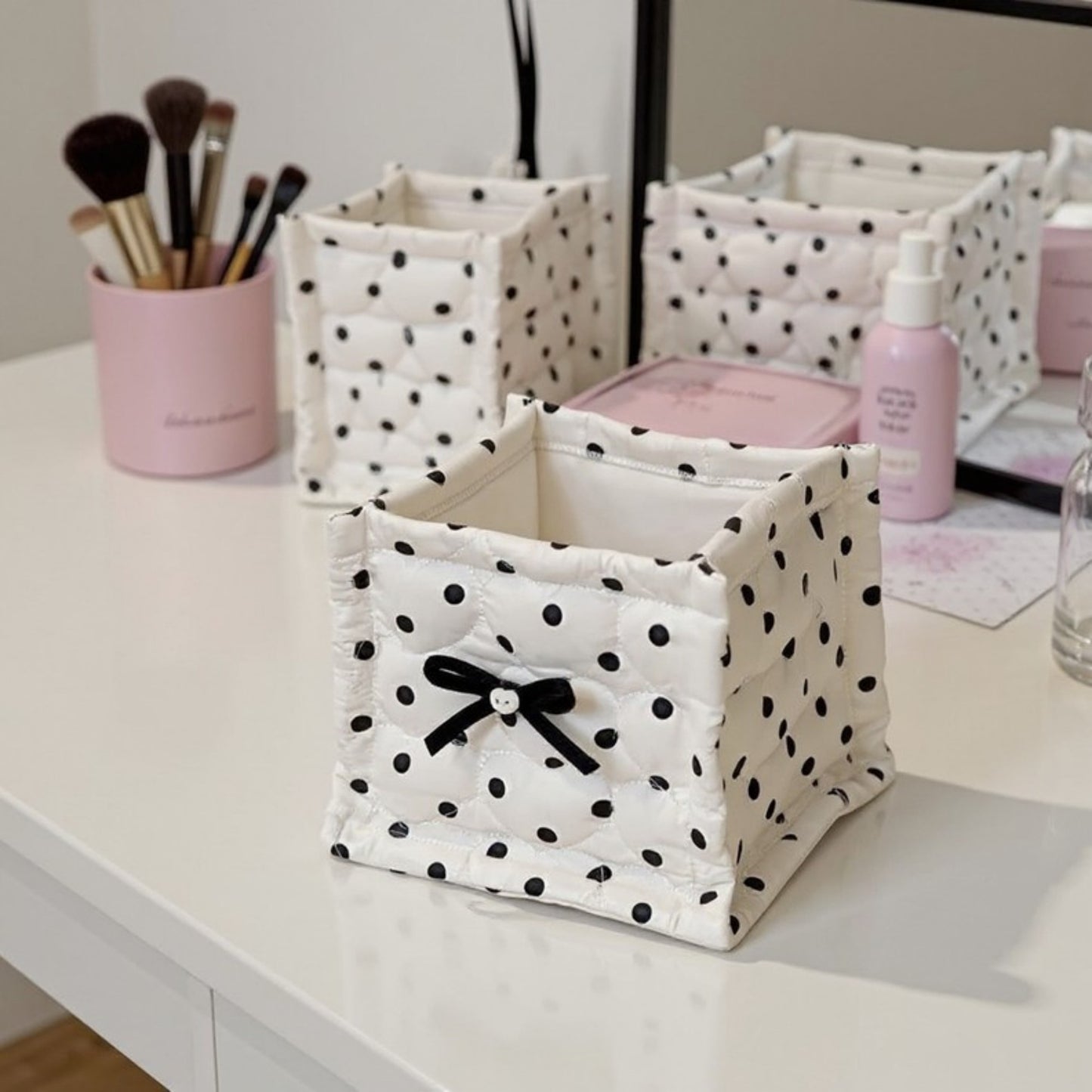 Quilted Polka Dot Storage Basket with Bow Accent and Soft Fabric Design