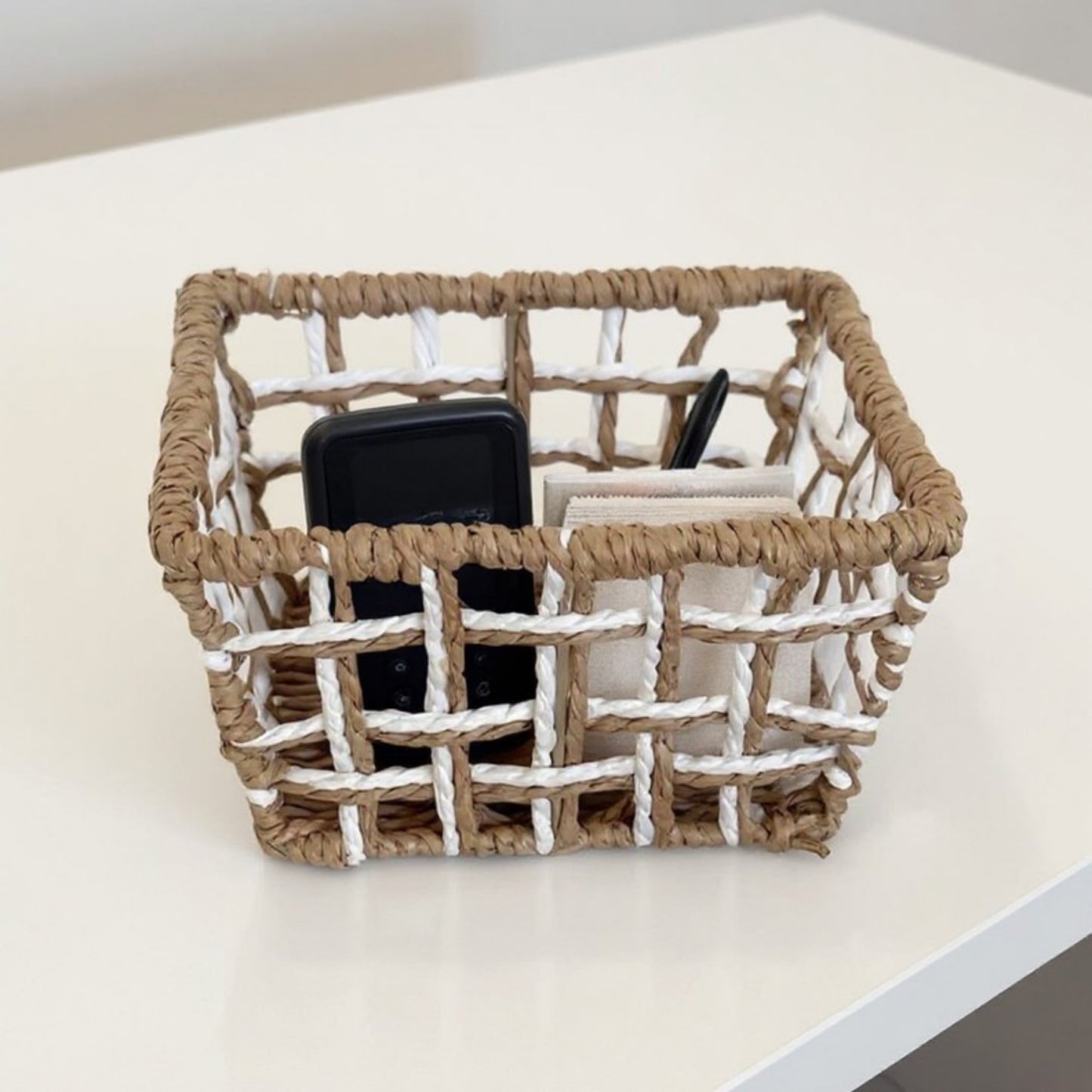 Open Weave Rattan Storage Basket with Reinforced Frame and Two-Tone Design