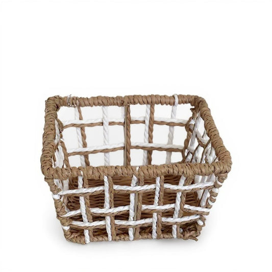 Open Weave Rattan Storage Basket with Reinforced Frame and Two-Tone Design