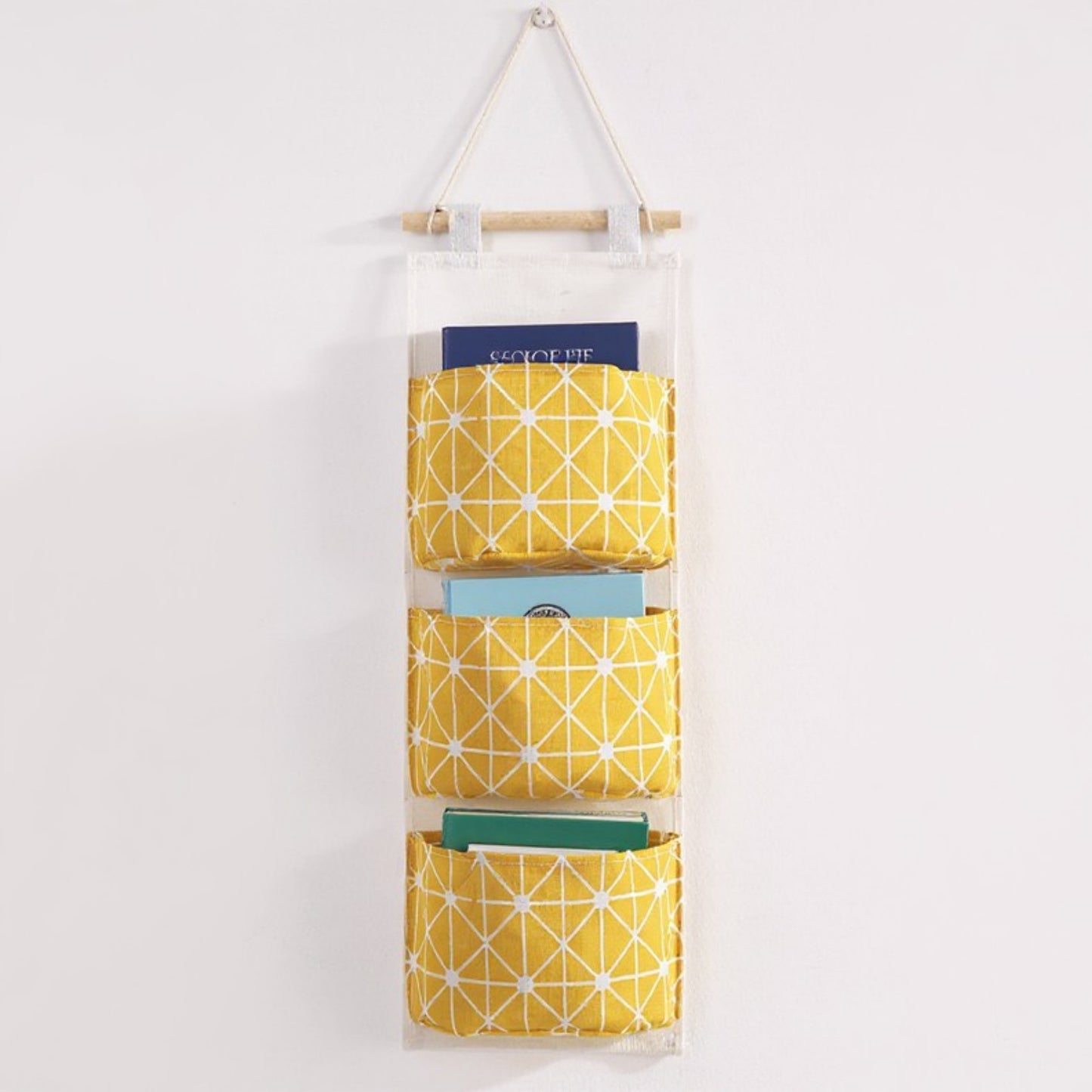 Hanging Wall Organizer with Three Fabric Pockets and Wooden Rod Design