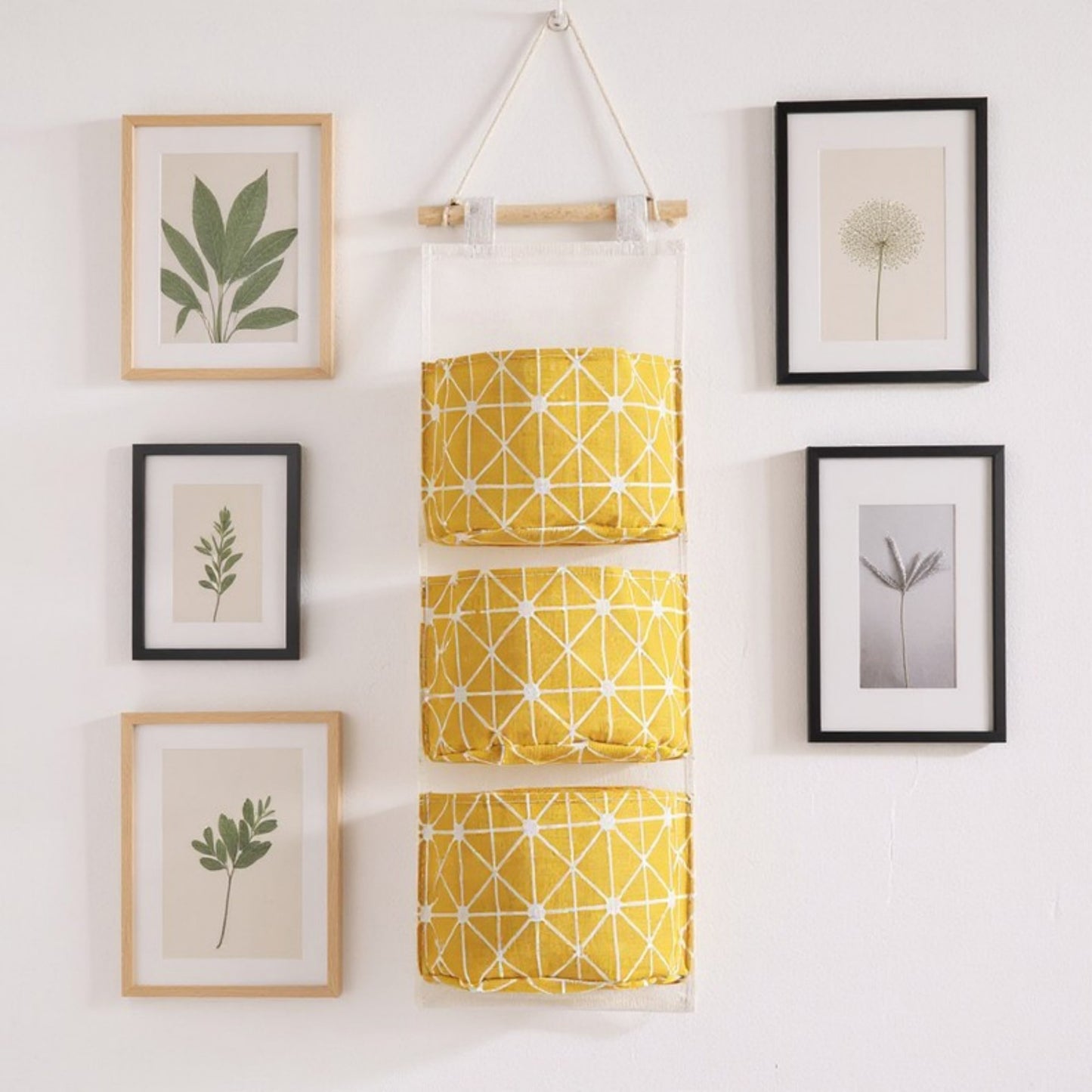 Hanging Wall Organizer with Three Fabric Pockets and Wooden Rod Design