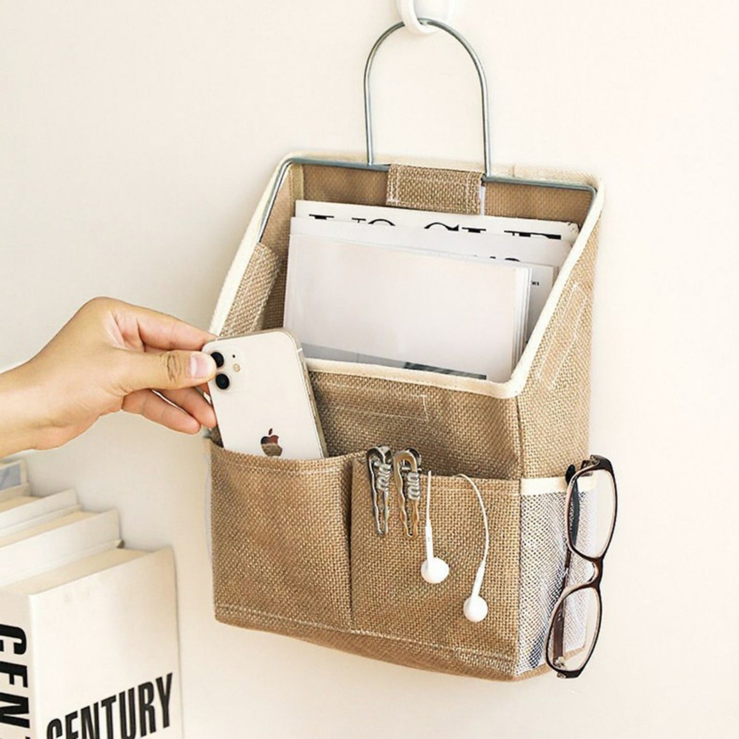 Hanging Wall Organizer with Dual Front Pockets and Mesh Side Compartments