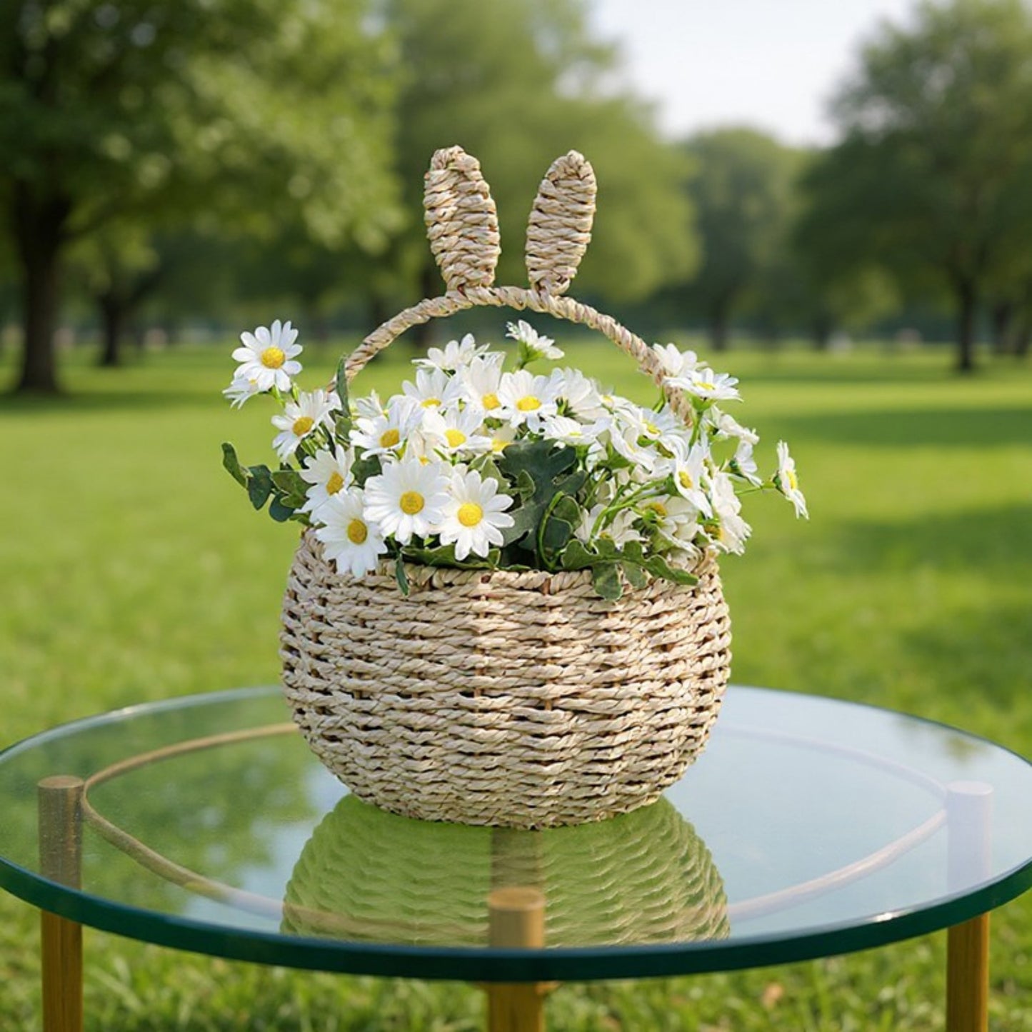 Woven Bunny Ear Basket with Handle and Round Storage Design