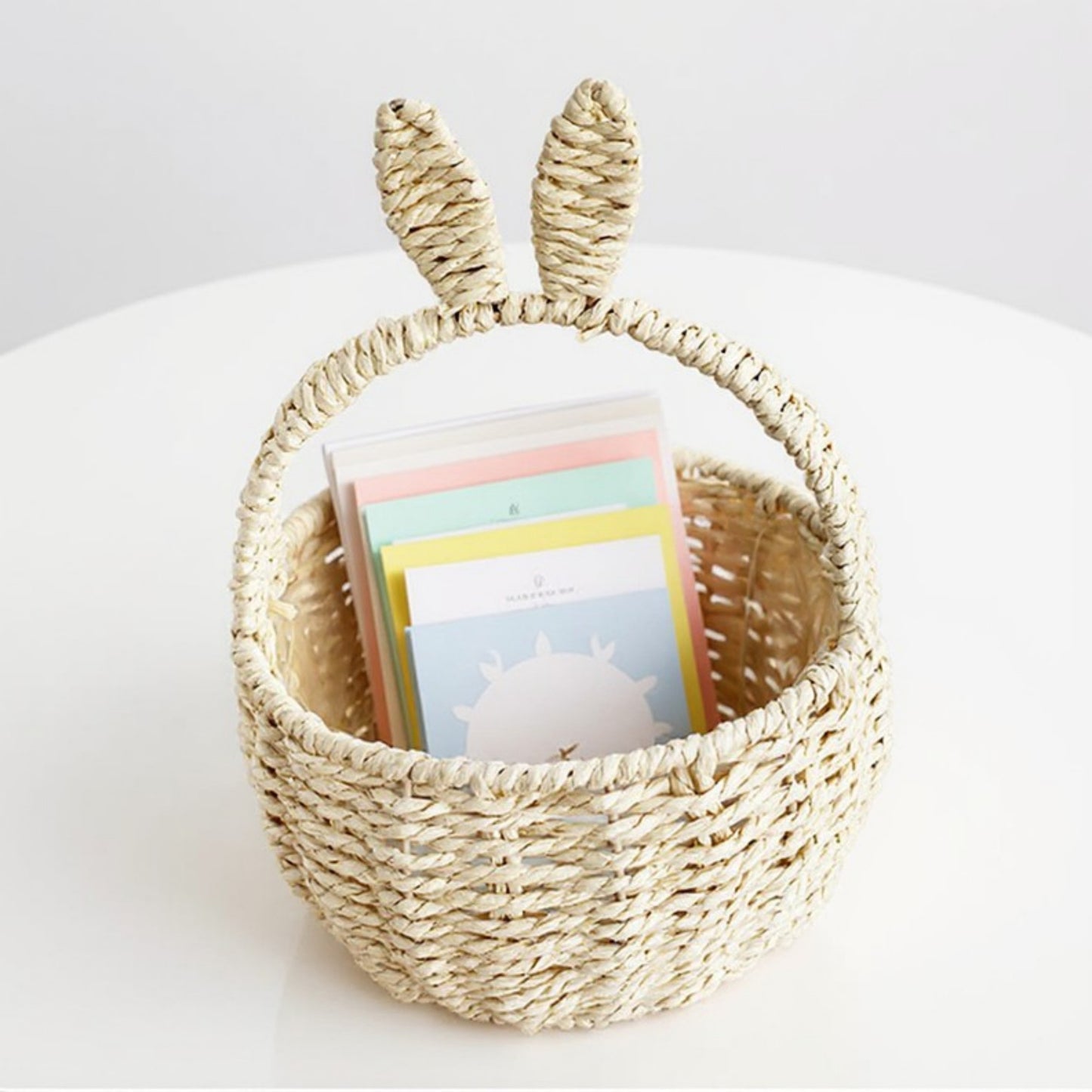 Woven Bunny Ear Basket with Handle and Round Storage Design