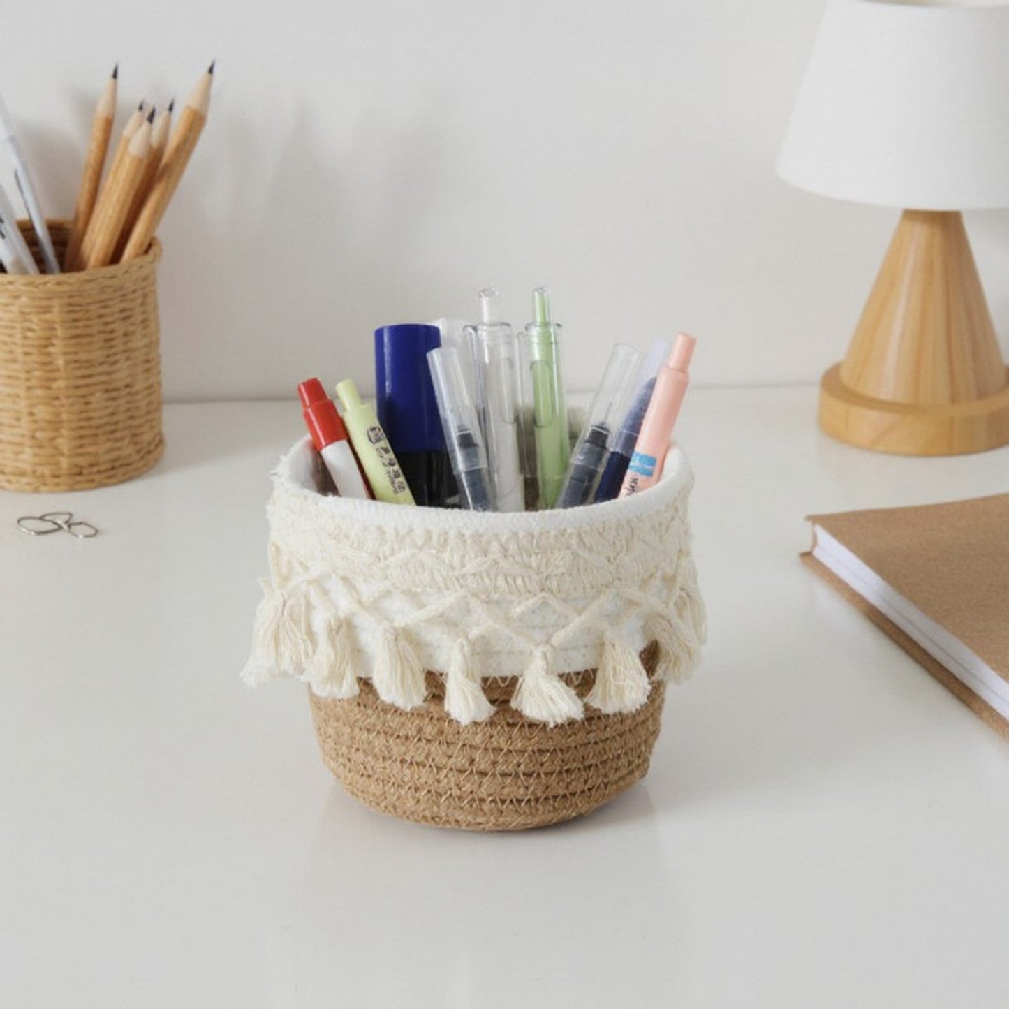 Round Woven Storage Basket with Tassel Fringe and Textured Rope Design