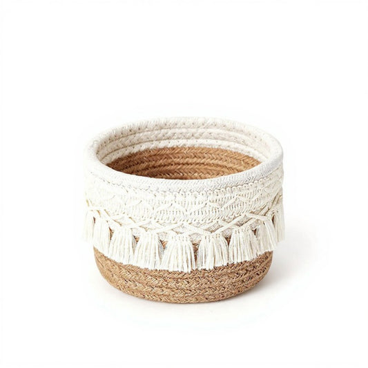 Round Woven Storage Basket with Tassel Fringe and Textured Rope Design