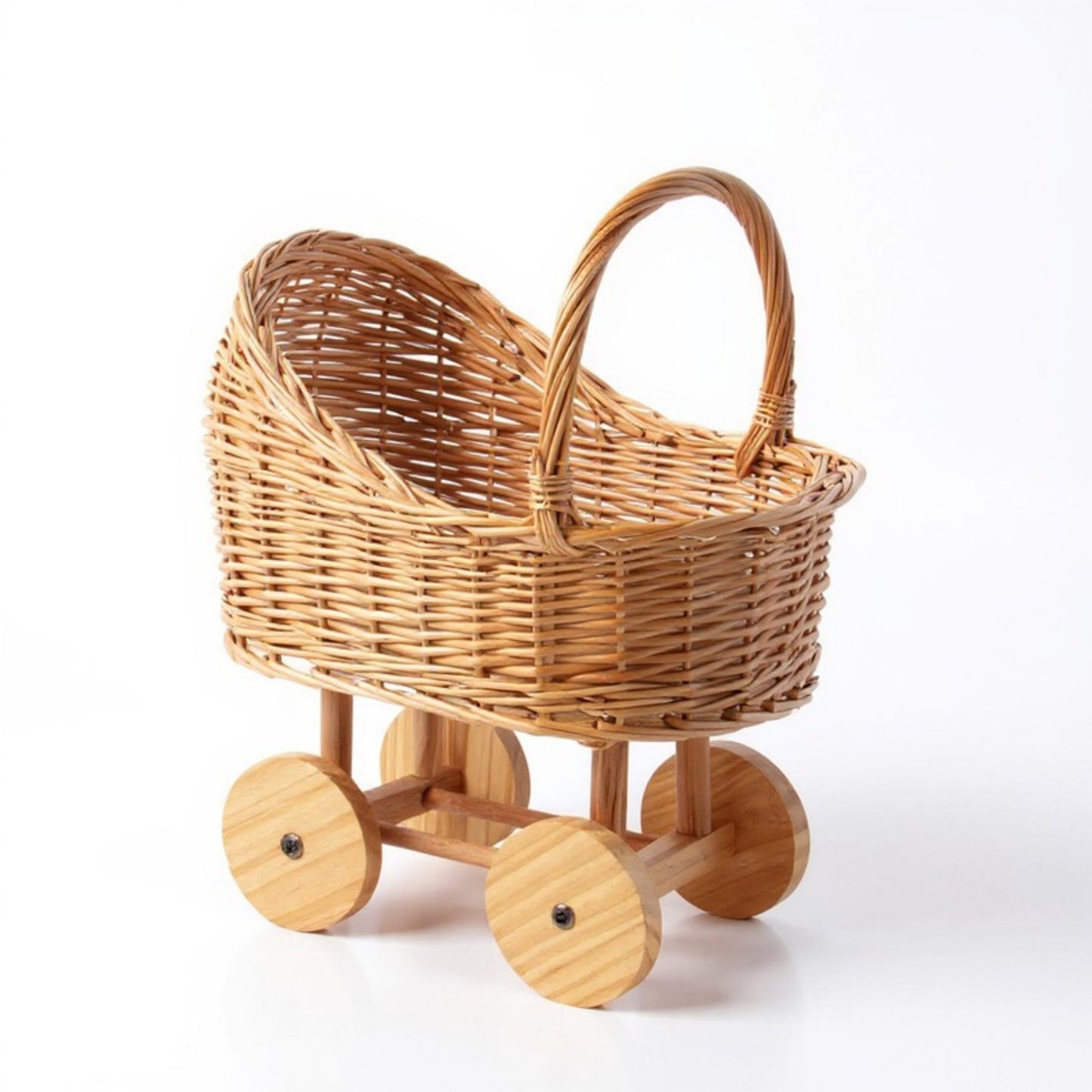 Wicker Toy Baby Stroller Basket with Wooden Wheels and Handle