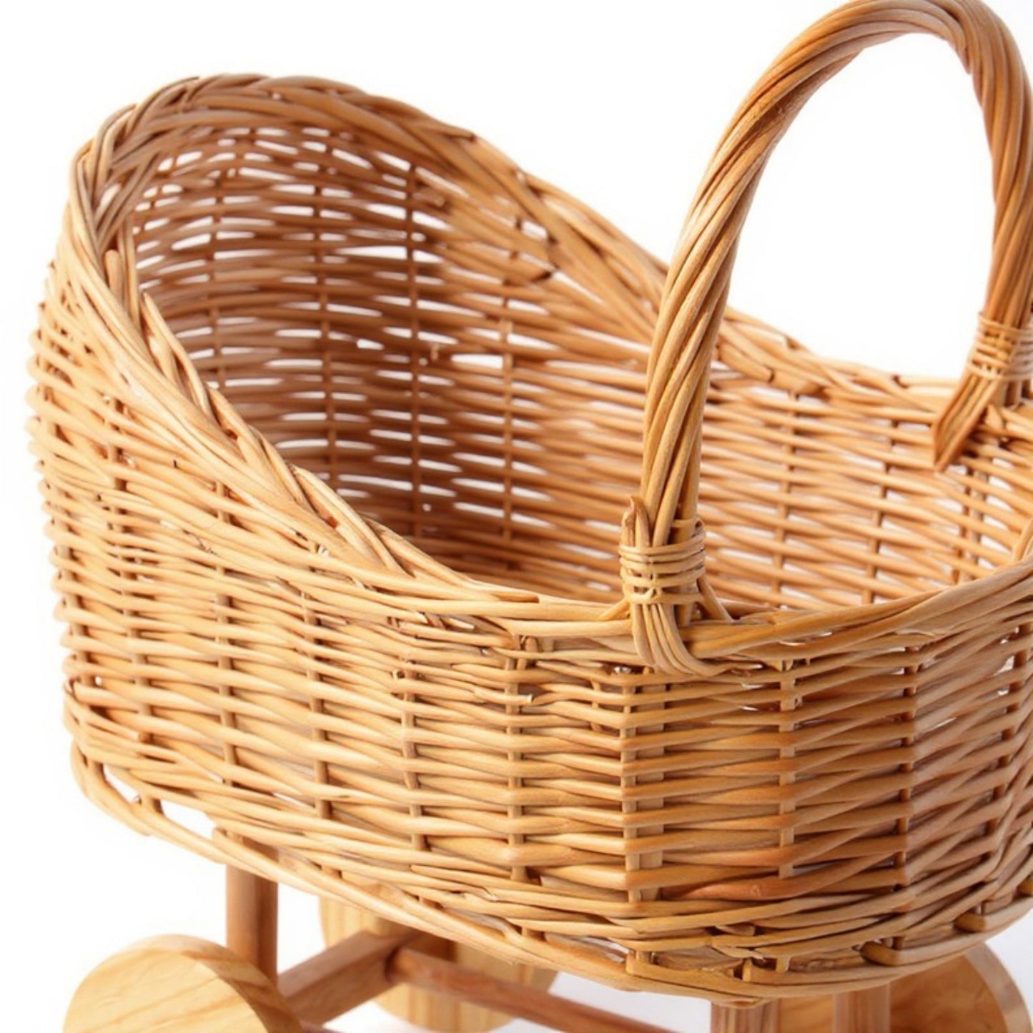 Wicker Toy Baby Stroller Basket with Wooden Wheels and Handle