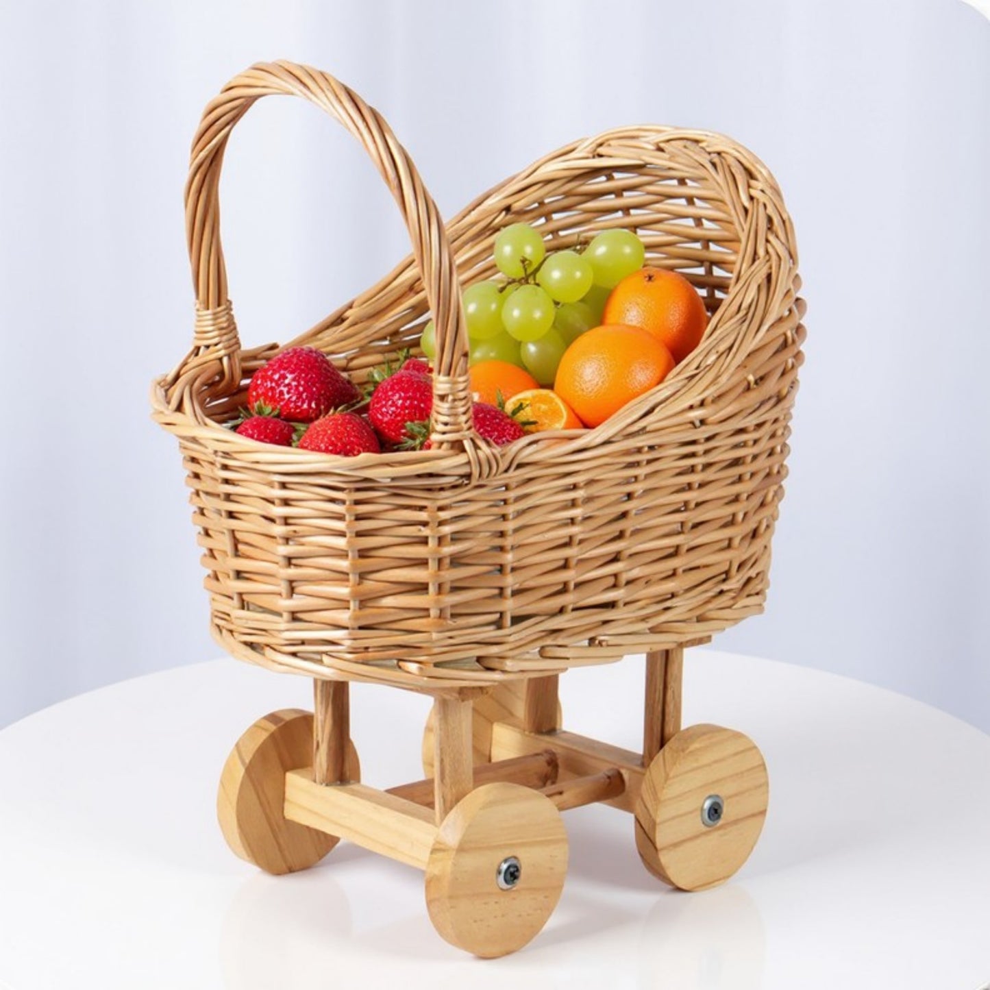 Wicker Toy Baby Stroller Basket with Wooden Wheels and Handle