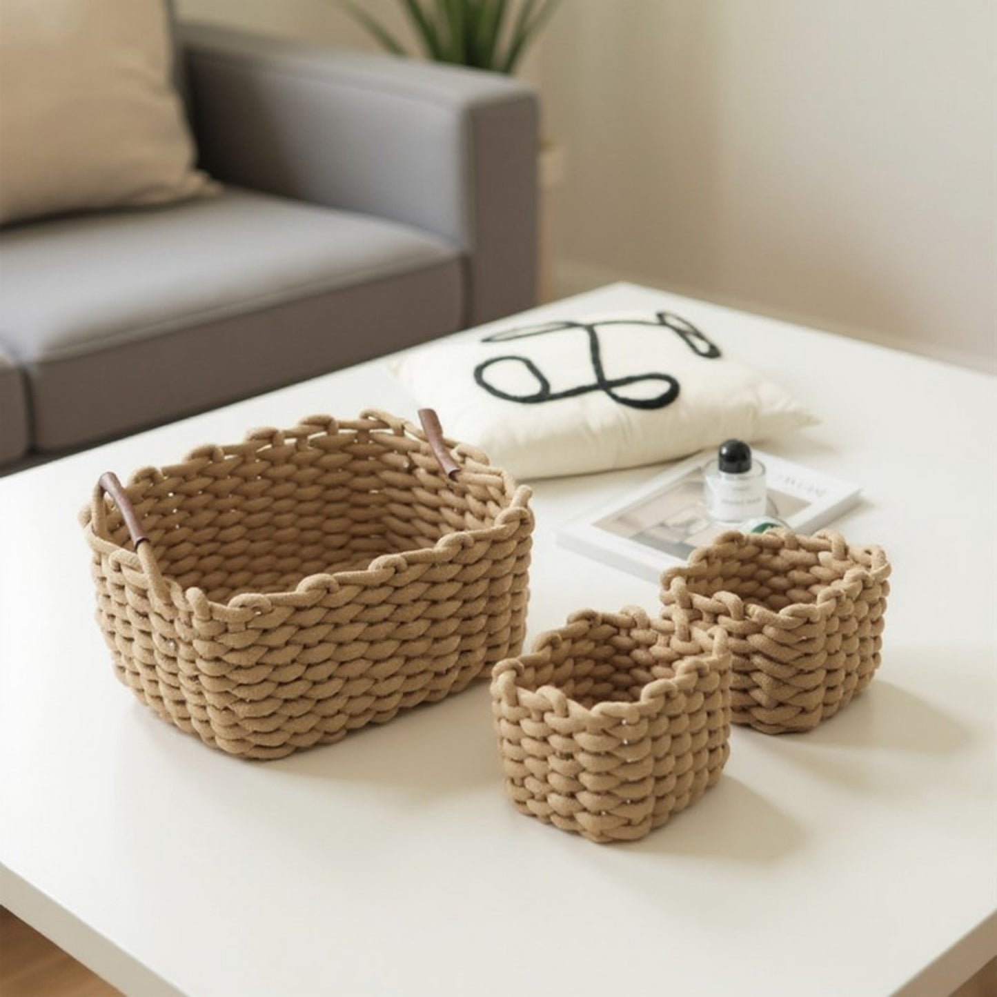 Set of 3 Braided Rope Storage Baskets with Reinforced Handles