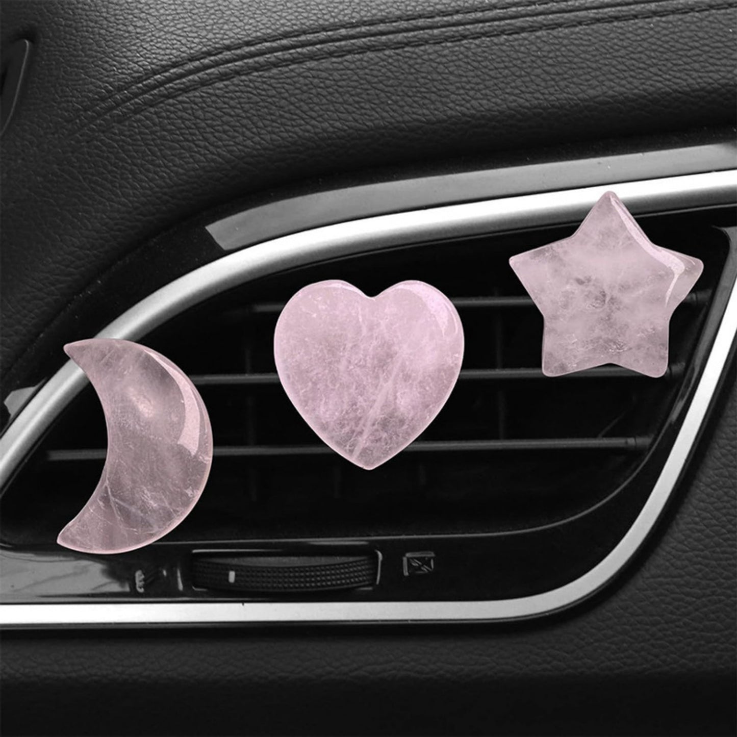 Rose Quartz Car Vent Clip Set with Heart, Star, and Moon Shapes