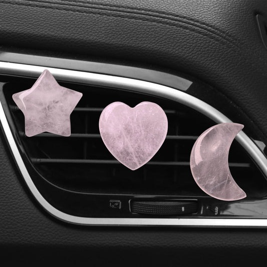 Rose Quartz Car Vent Clip Set with Heart, Star, and Moon Shapes