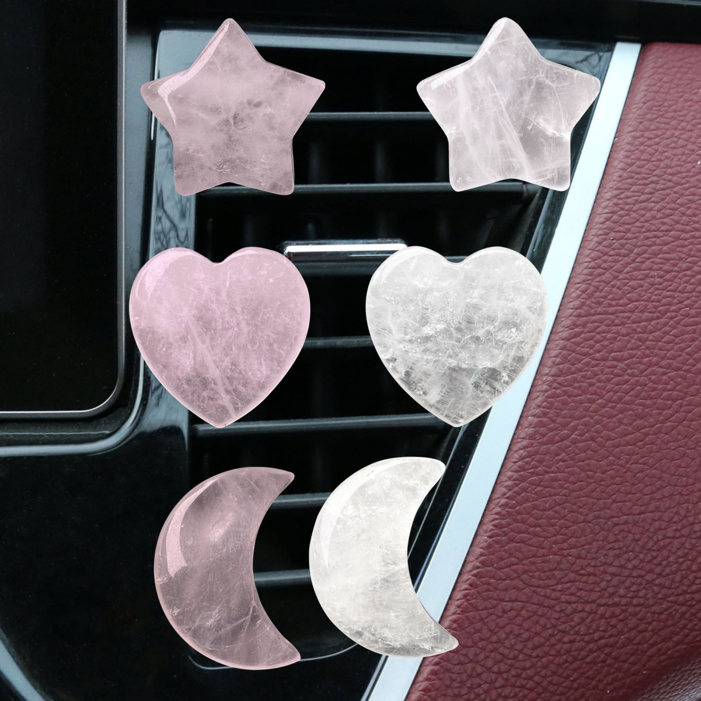 Rose Quartz Car Vent Clip Set with Heart, Star, and Moon Shapes