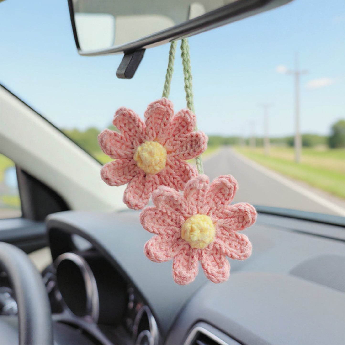 Crochet Daisy Car Mirror Hanging Decoration with Dual Flower Design