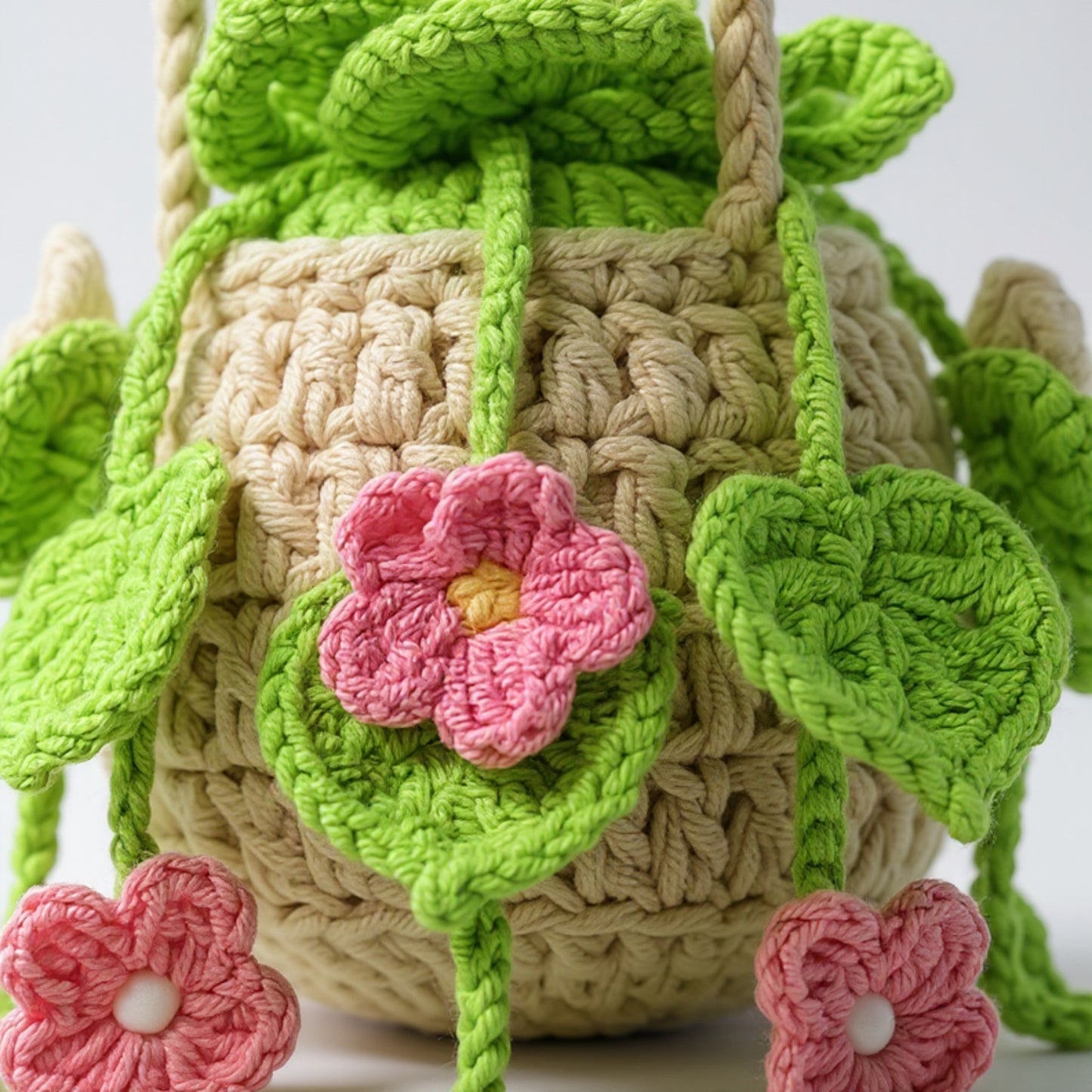 Handmade Crochet Hanging Flower Basket Decoration with Blooming Details