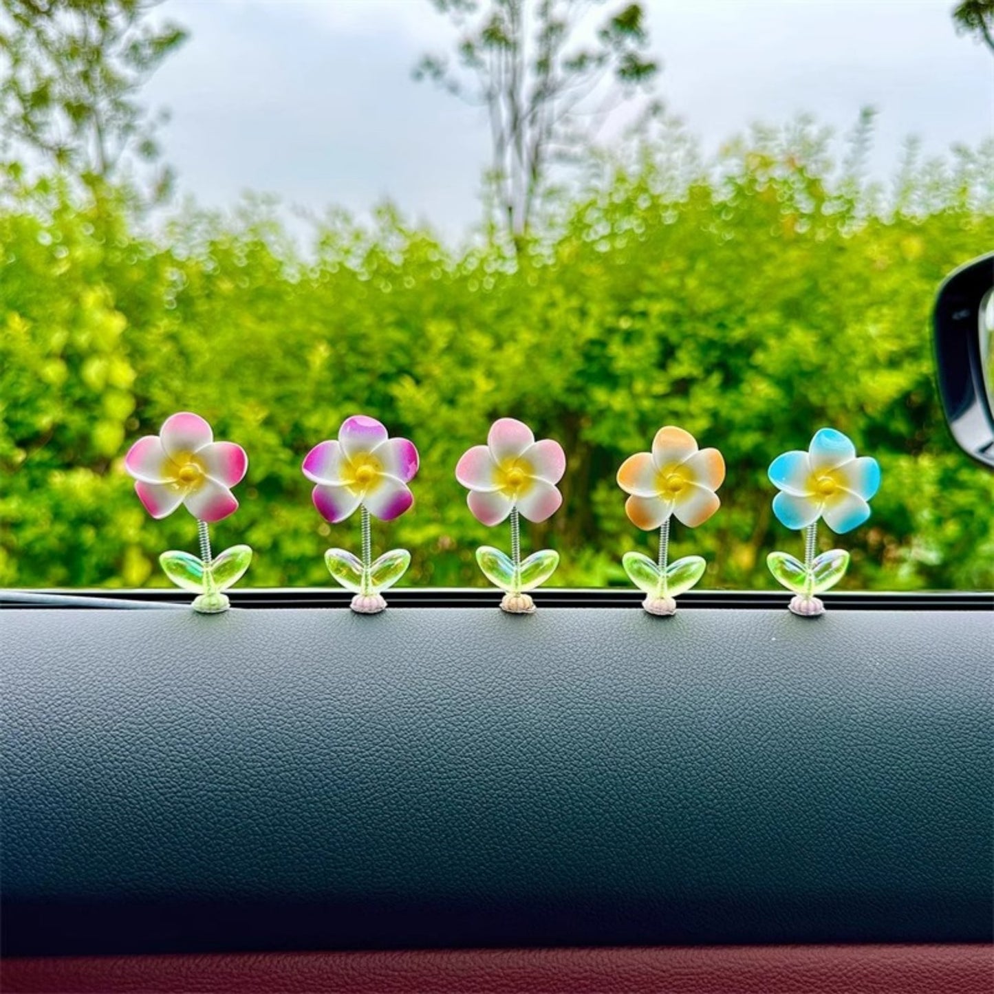Mini Crystal Flower Figurine Set with Colorful Petals and Green Leaves