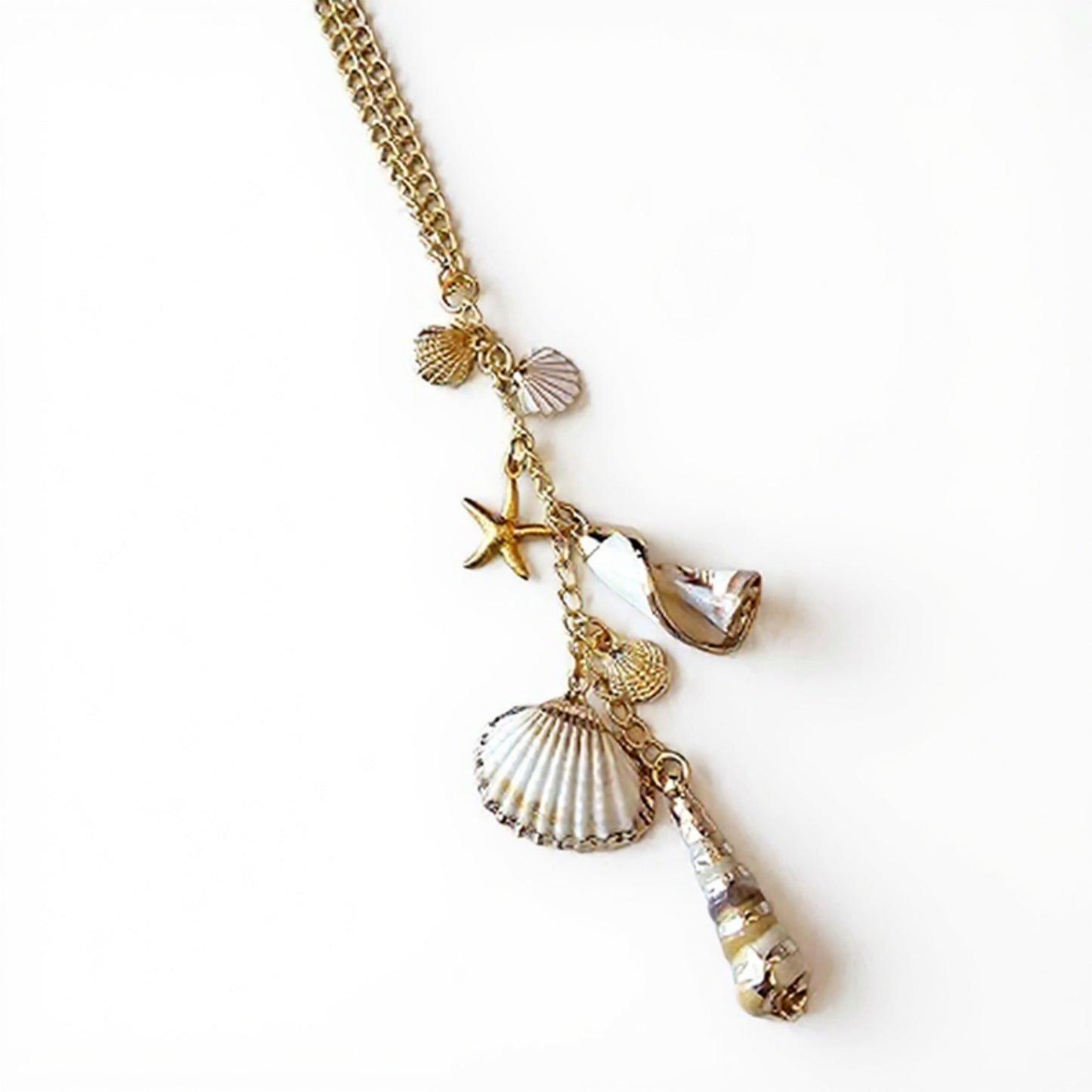 Gold Tone Seashell and Starfish Charm Keychain with Nautical Accents
