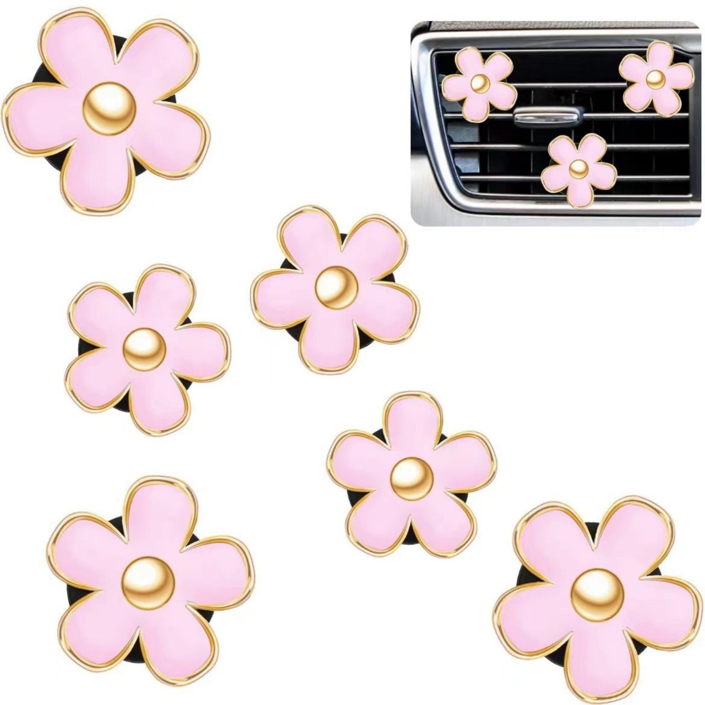 6-Piece Pink Flower Car Air Vent Clip Set with Gold Accent Petals