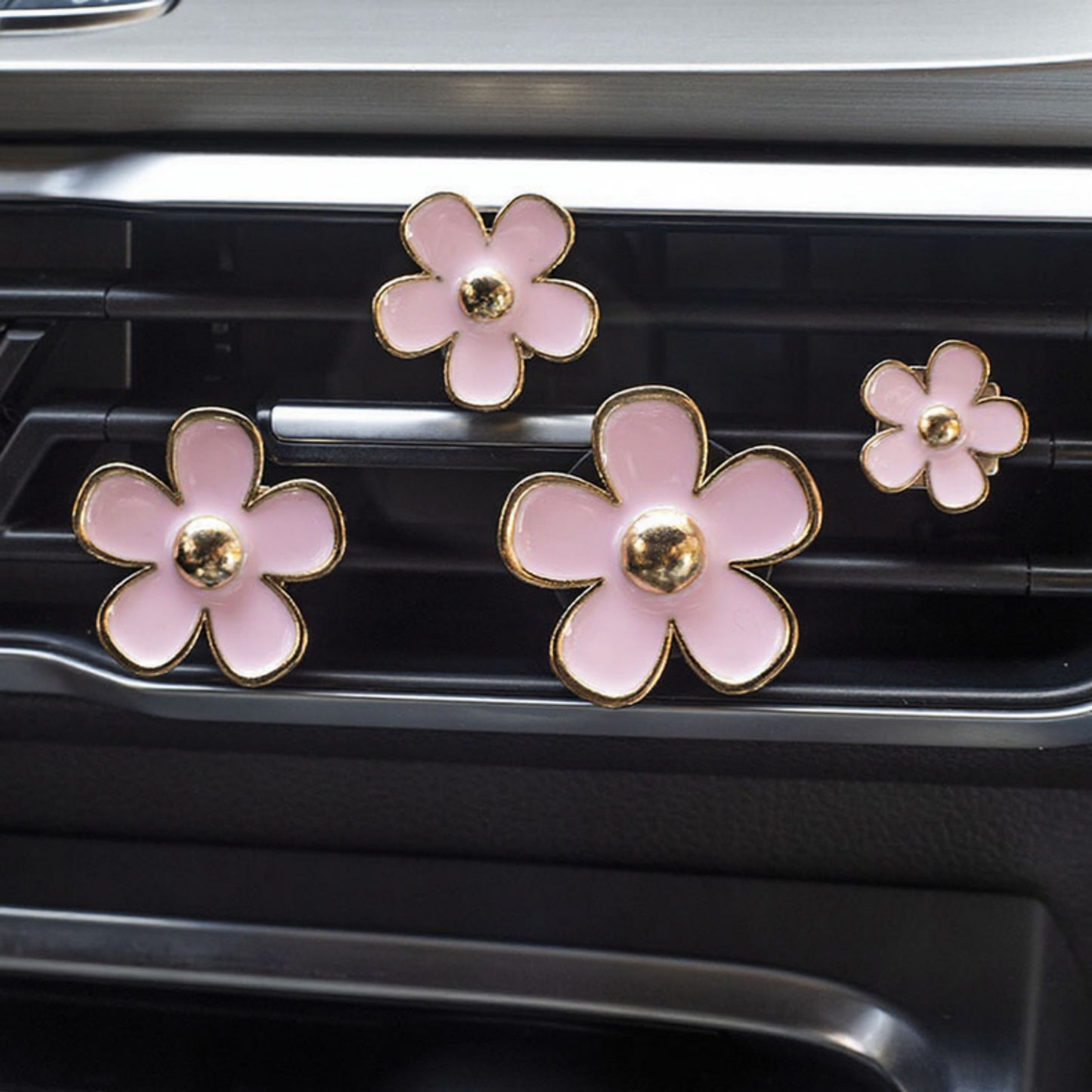 6-Piece Pink Flower Car Air Vent Clip Set with Gold Accent Petals