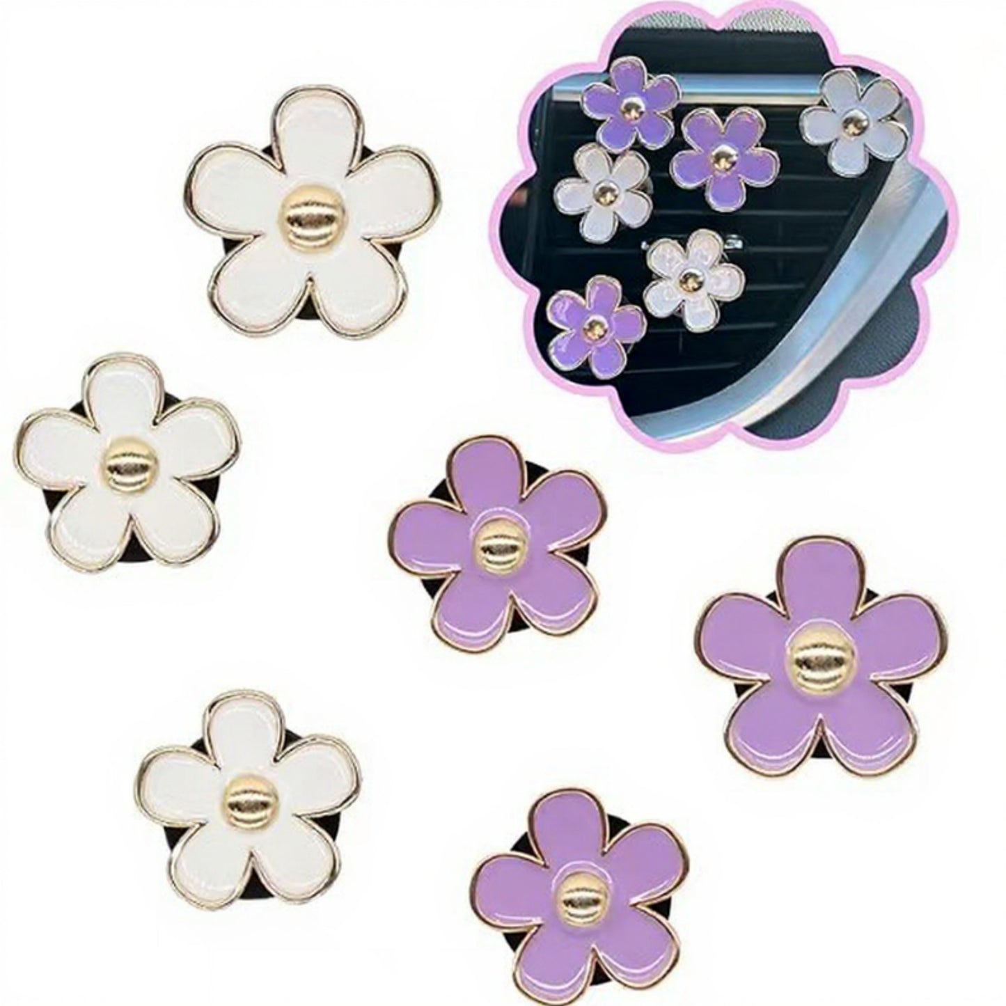 6-Piece Pink Flower Car Air Vent Clip Set with Gold Accent Petals