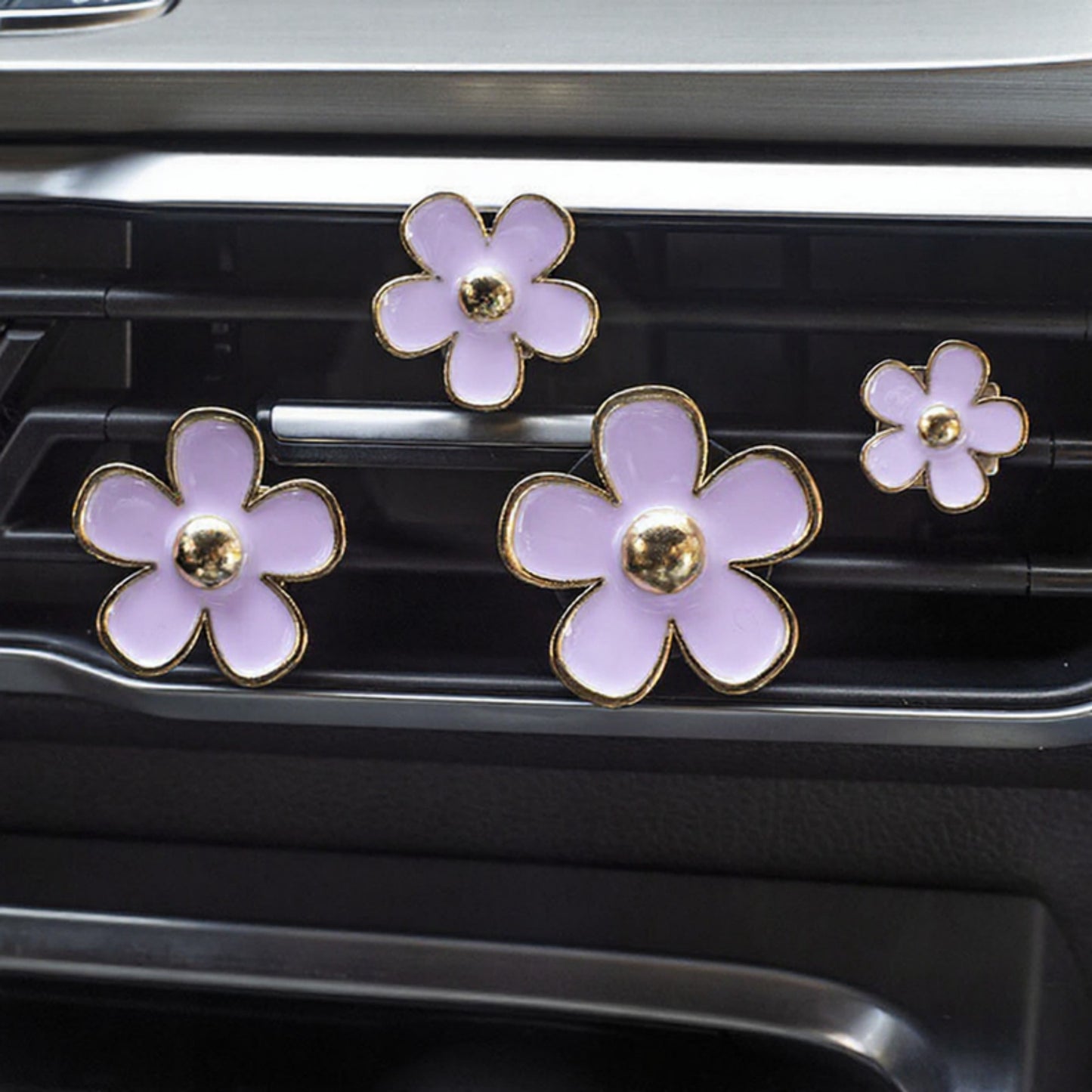 6-Piece Pink Flower Car Air Vent Clip Set with Gold Accent Petals