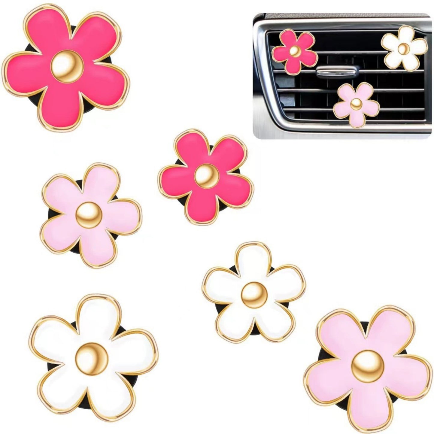 6-Piece Pink Flower Car Air Vent Clip Set with Gold Accent Petals