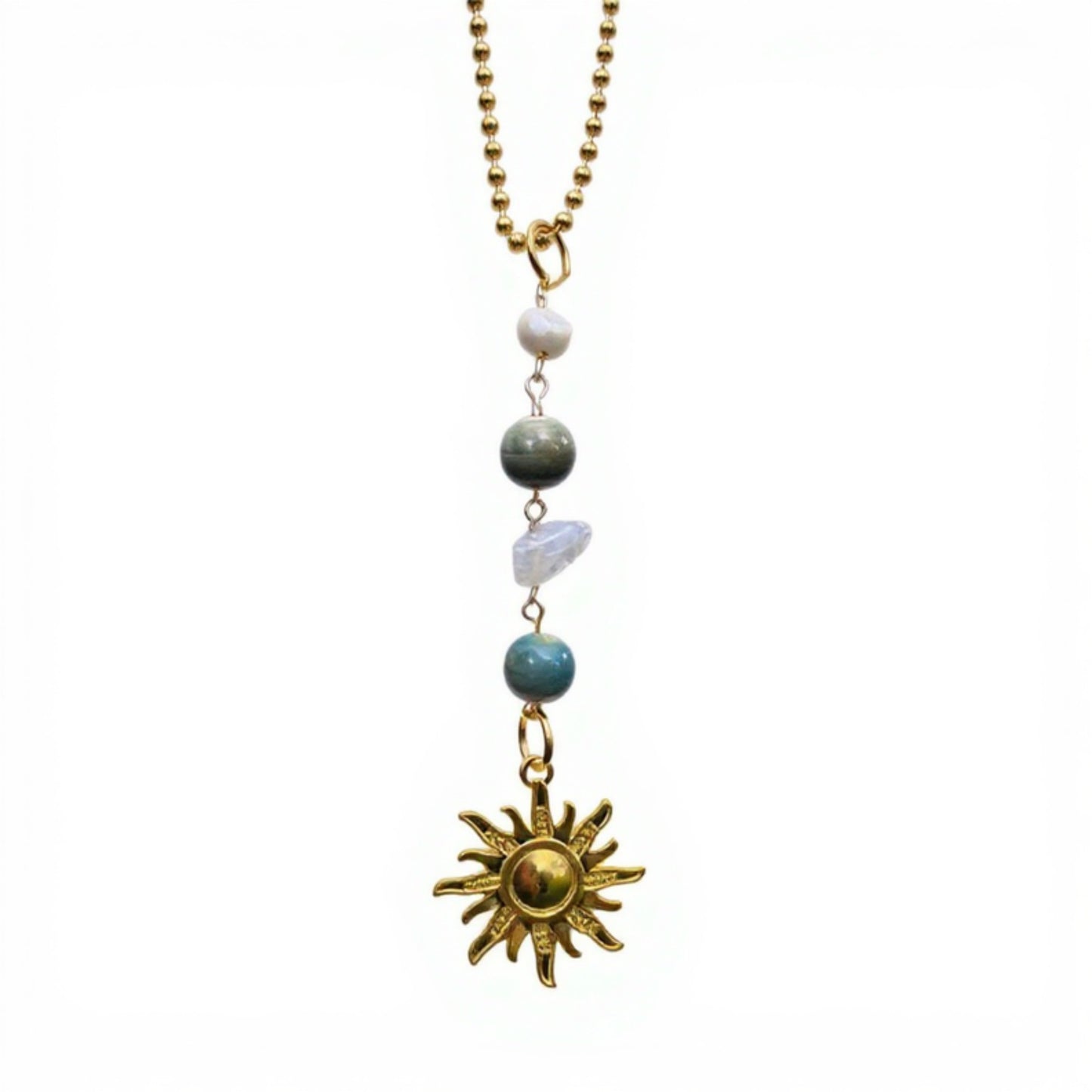 Gold Sun Pendant Ornament with Natural Stone Beads and Celestial Charm