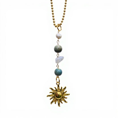 Gold Sun Pendant Ornament with Natural Stone Beads and Celestial Charm