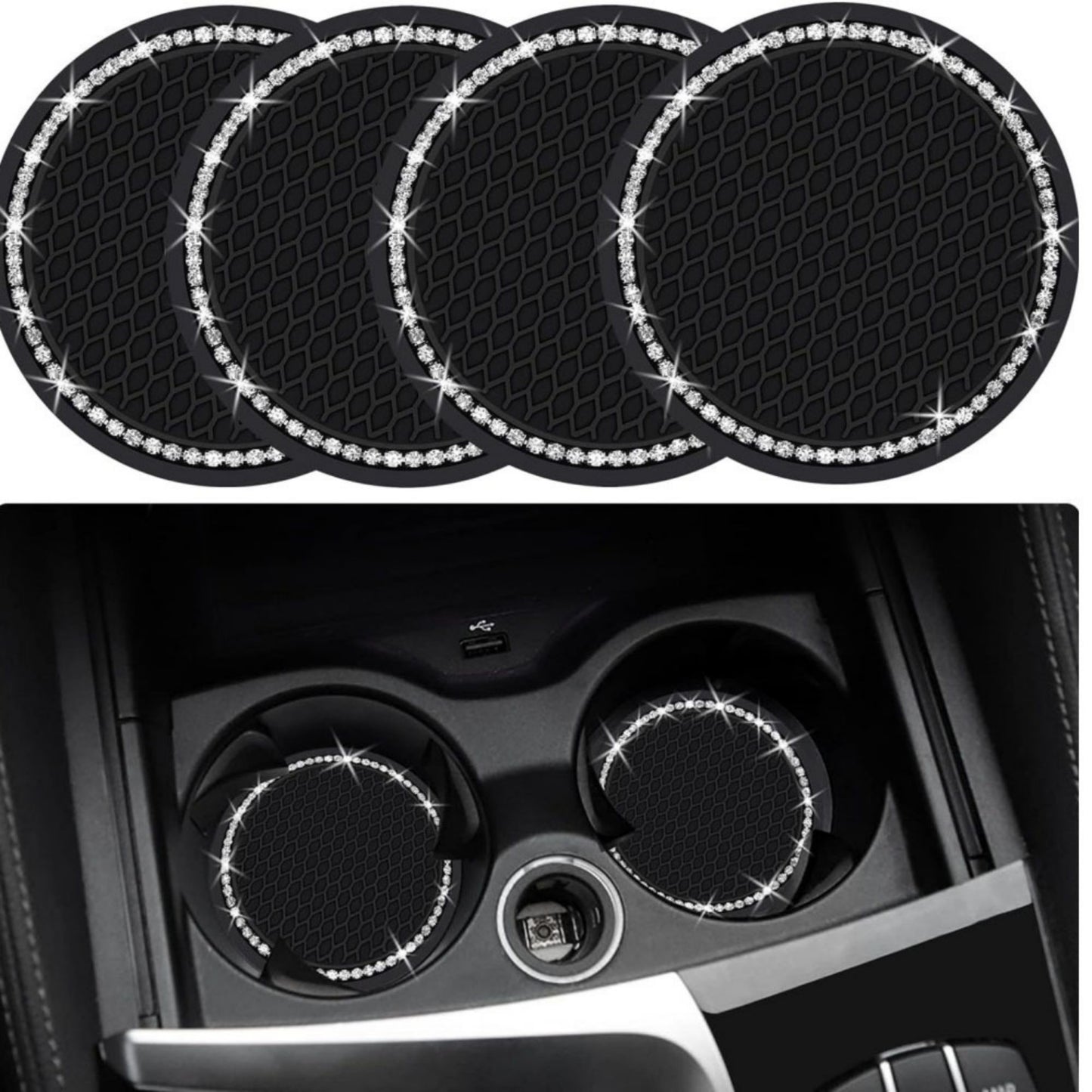 2-Piece Round Rhinestone Car Cup Holder Coaster with Non-Slip Textured Surface