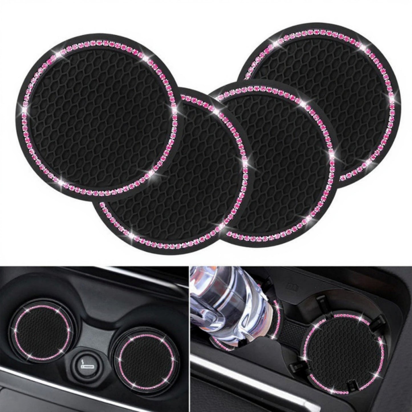 2-Piece Round Rhinestone Car Cup Holder Coaster with Non-Slip Textured Surface