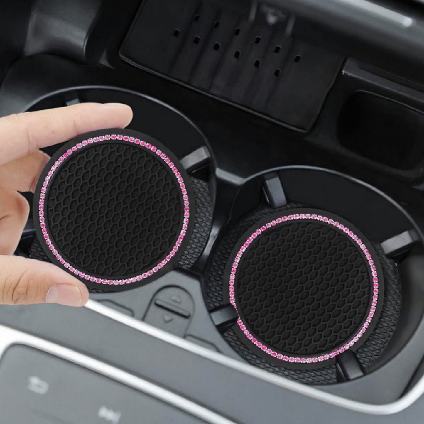 2-Piece Round Rhinestone Car Cup Holder Coaster with Non-Slip Textured Surface