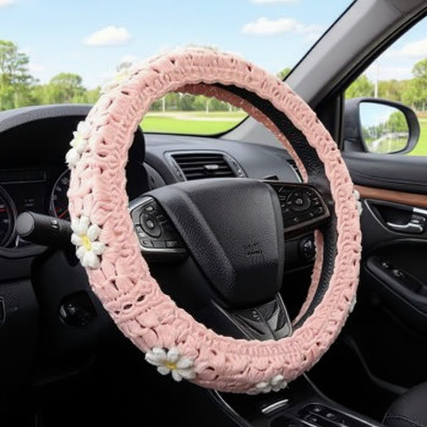 3-Piece Crochet Car Steering Wheel and Seat Belt Cover Set