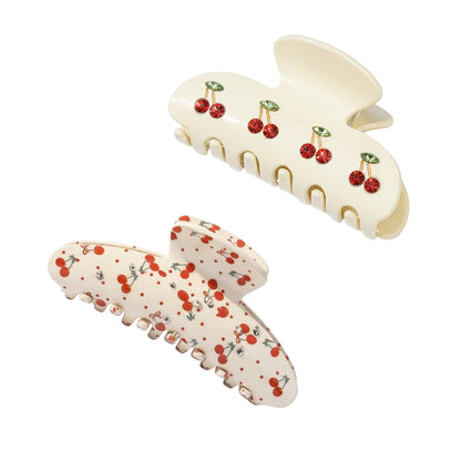 2pcs per set Cherry Print Acrylic Hair Claw Clip with Curved Design and Strong Grip