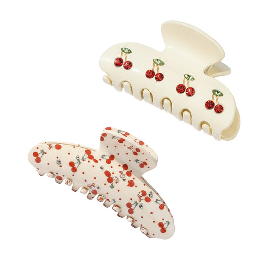 2pcs per set Cherry Print Acrylic Hair Claw Clip with Curved Design and Strong Grip