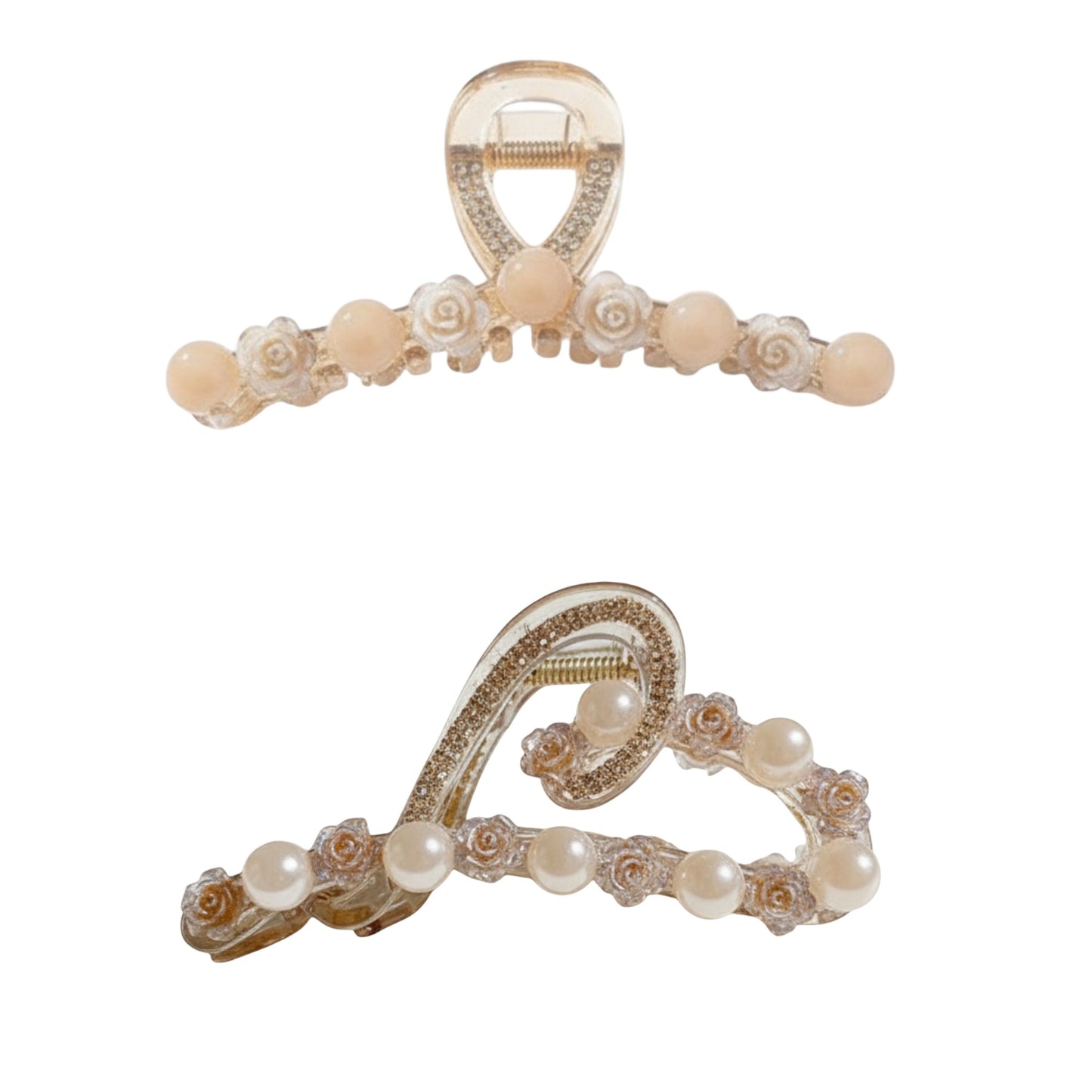 Beaded Flower Metal Hair Claw Clip with Curved Design and Textured Accents