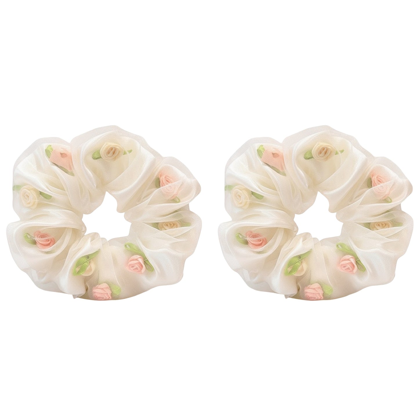 2pcs Sheer Organza Scrunchie with Embroidered Mini Roses and Soft Layered Design