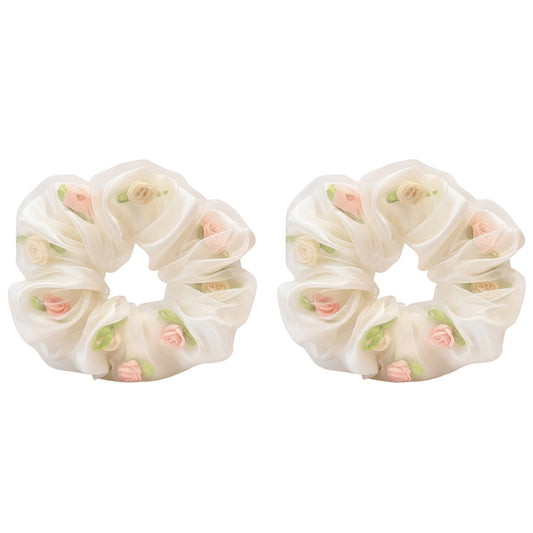 2pcs Sheer Organza Scrunchie with Embroidered Mini Roses and Soft Layered Design