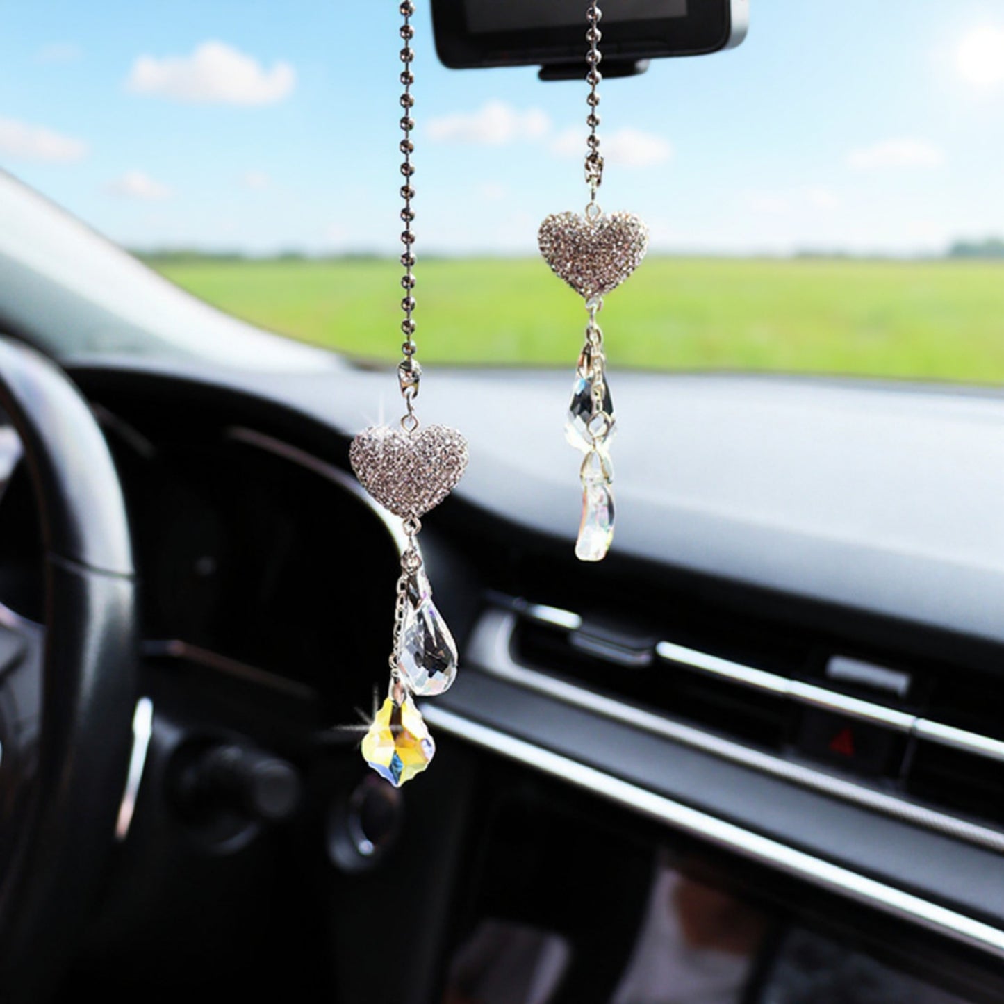 Sparkling Rhinestone Heart Chain Car Mirror Charm with Crystal Teardrop Pendants