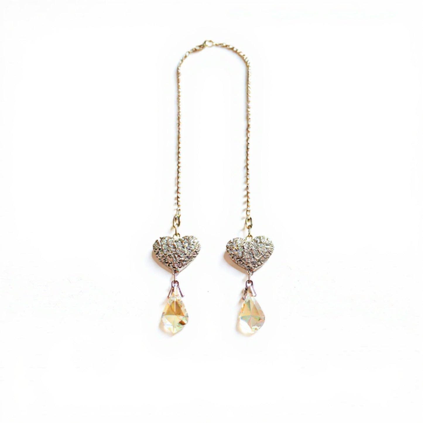 Sparkling Rhinestone Heart Chain Car Mirror Charm with Crystal Teardrop Pendants