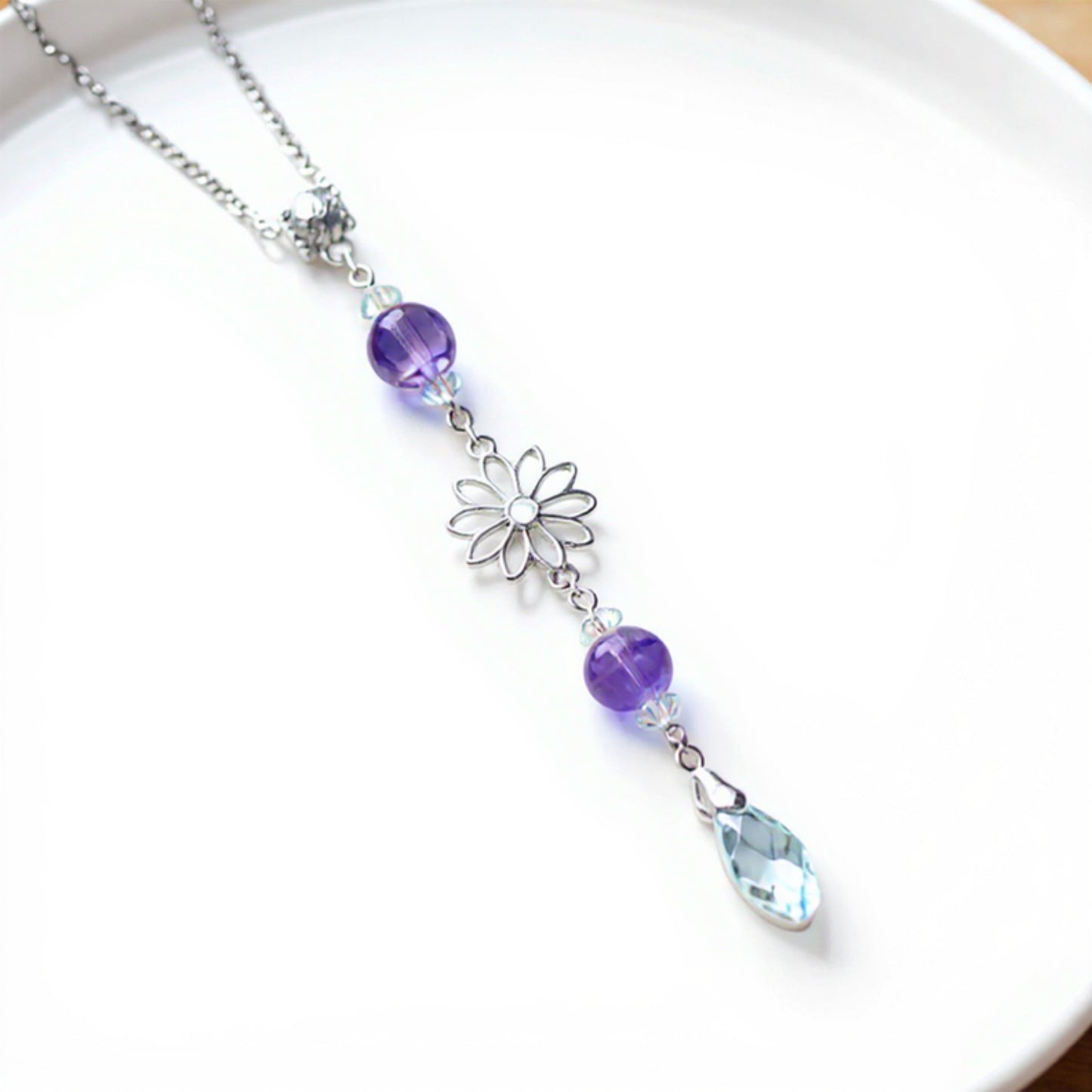 Crystal Bead Car Mirror Charm with Silver Daisy and Teardrop Pendant
