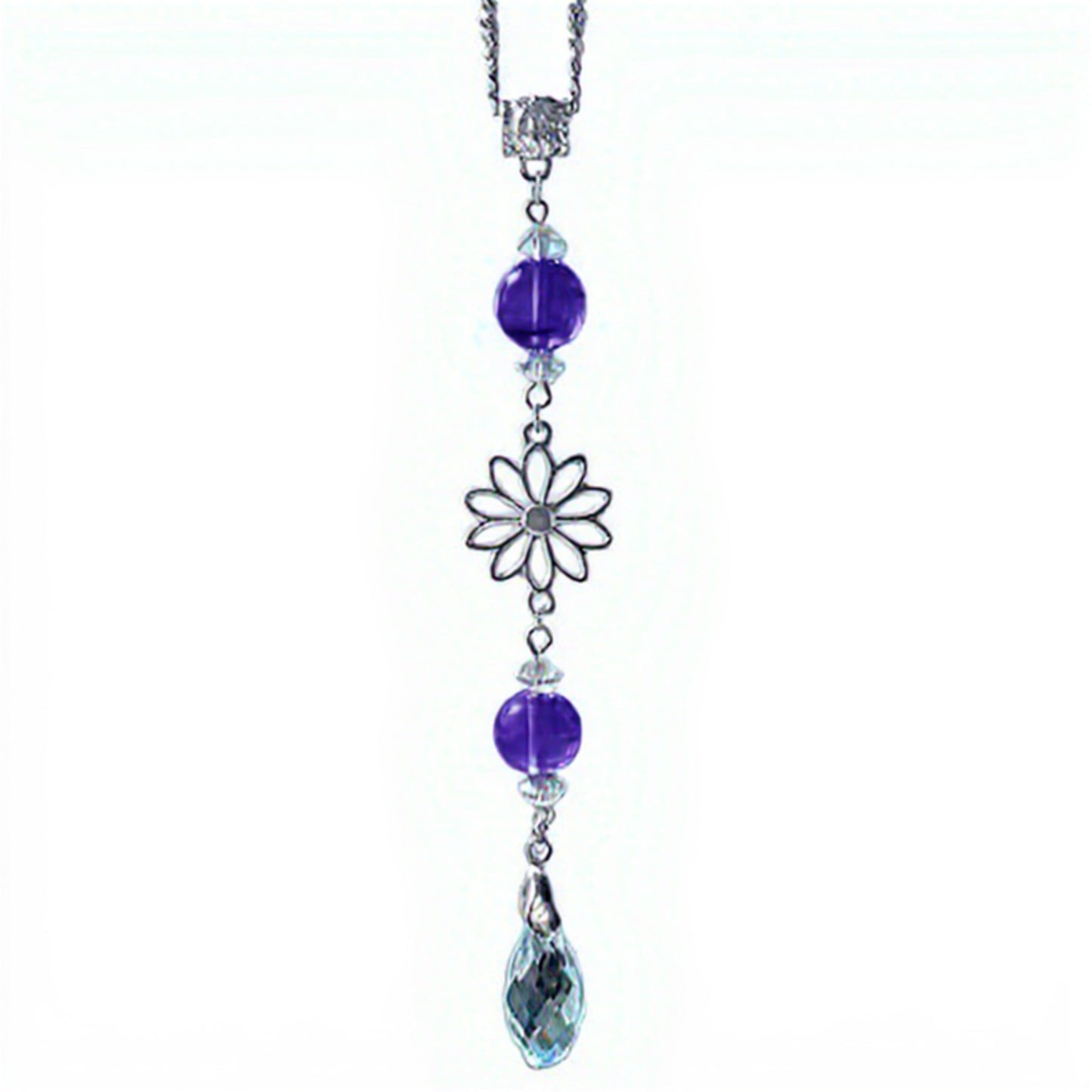 Crystal Bead Car Mirror Charm with Silver Daisy and Teardrop Pendant