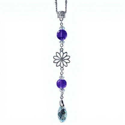 Crystal Bead Car Mirror Charm with Silver Daisy and Teardrop Pendant