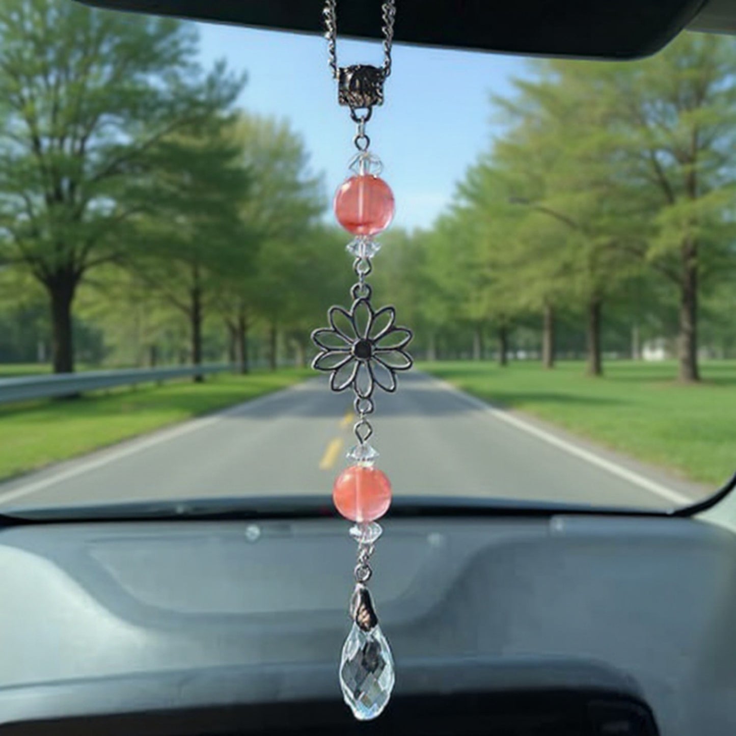 Crystal Bead Car Mirror Charm with Silver Daisy and Teardrop Pendant