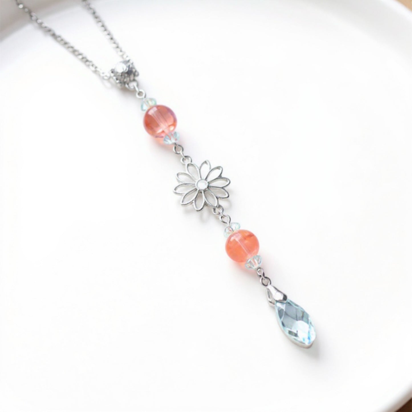Crystal Bead Car Mirror Charm with Silver Daisy and Teardrop Pendant