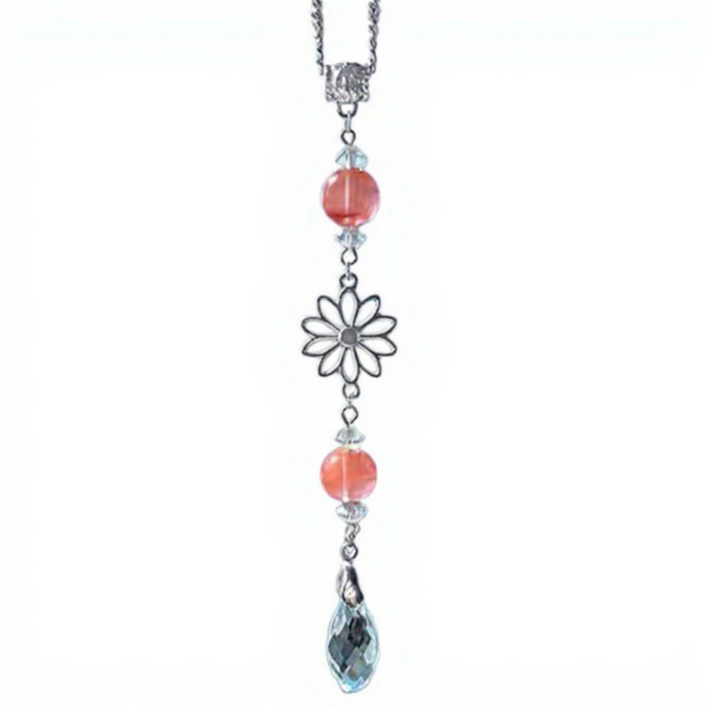 Crystal Bead Car Mirror Charm with Silver Daisy and Teardrop Pendant