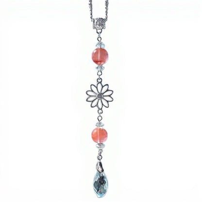 Crystal Bead Car Mirror Charm with Silver Daisy and Teardrop Pendant